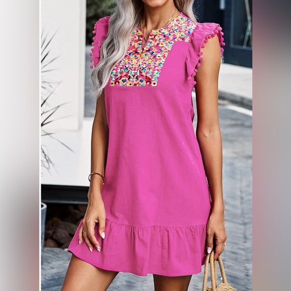 Dresses & Skirts - Hot Pink Baby Doll Ruffle Sleeve Embroidered Dress Size S
